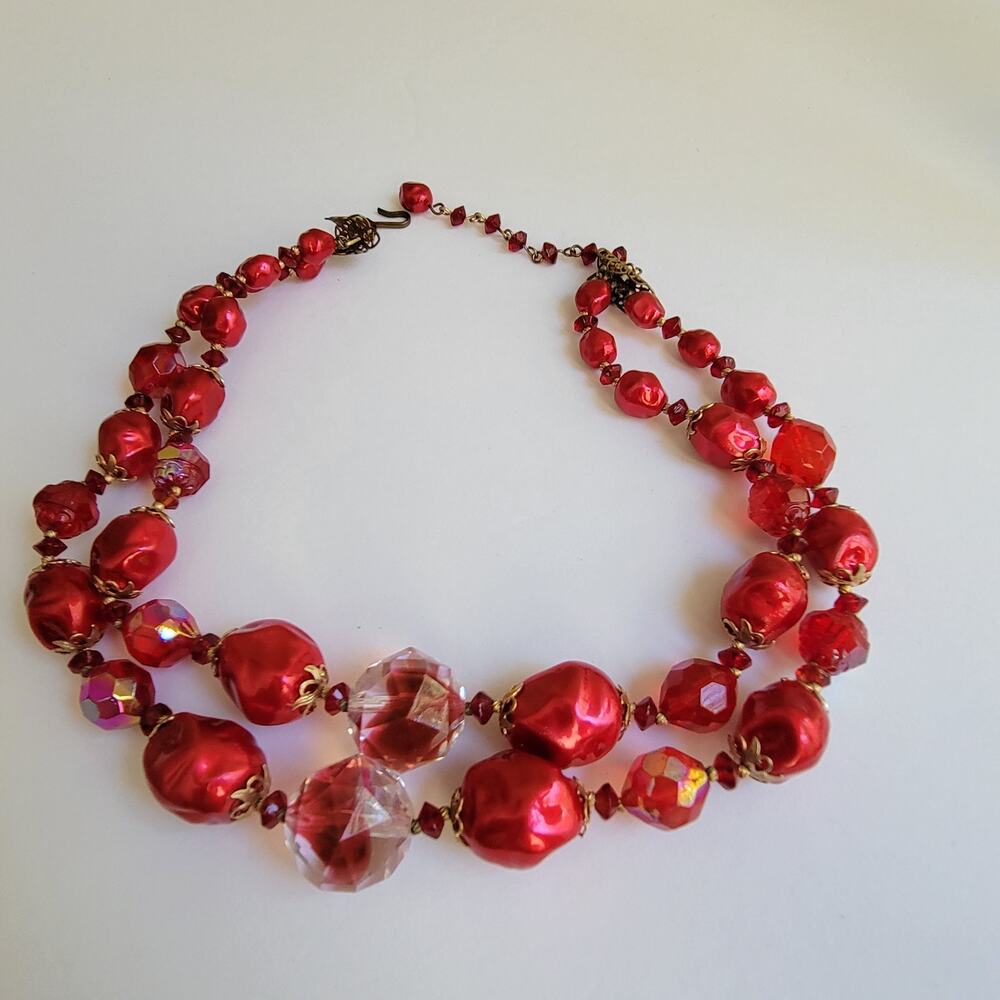 Elegant Iridescent Ruby Colored Double Stranded Vintage Necklace, 15 Inch
